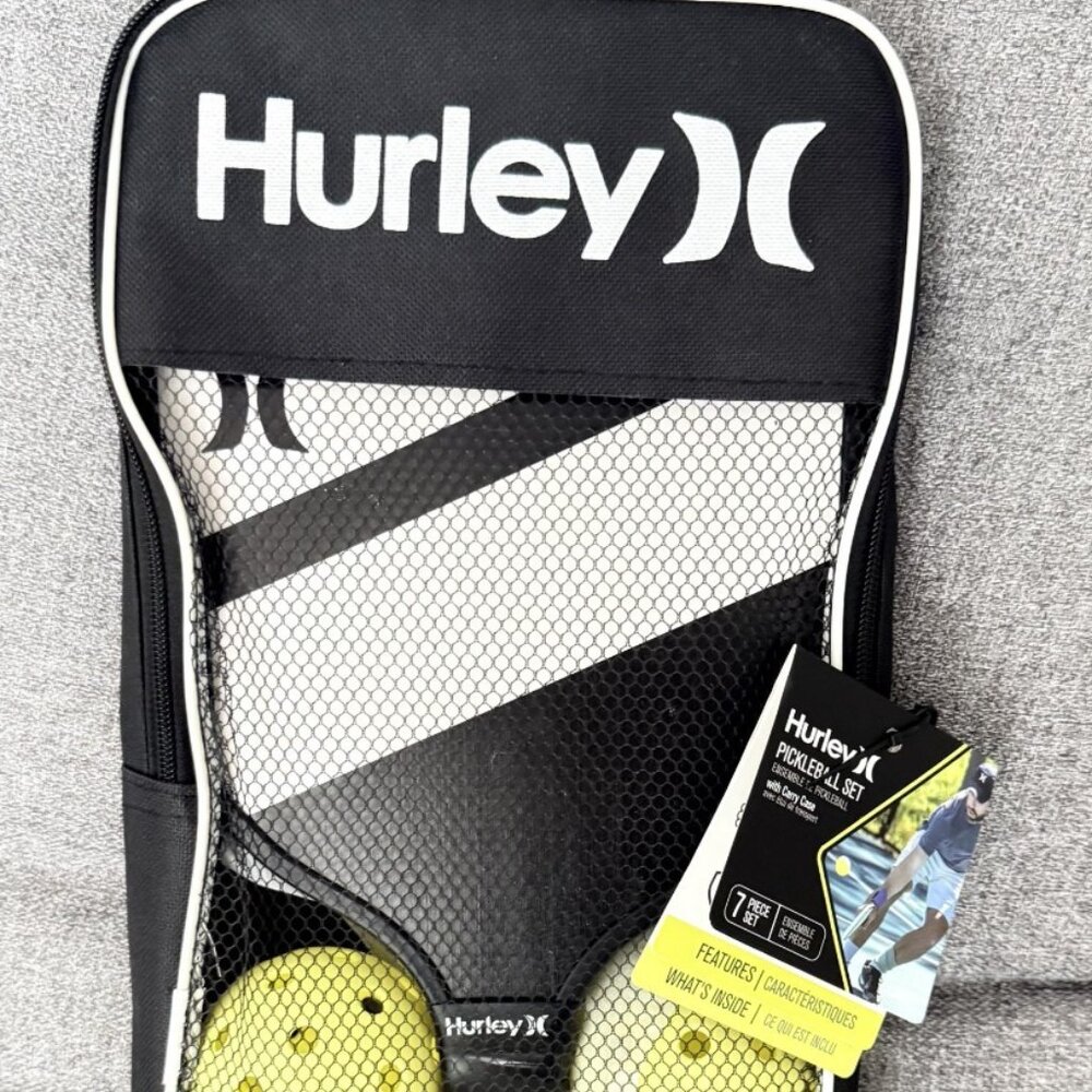 Hurley 7 Piece Pickleball Set 2 Paddles 4 Balls Carry Case Black White NWT